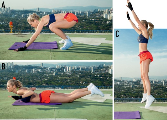 a. Agache-se, apoiando as mãos, afastadas na largura dos ombros, no solo. b. Jogue as pernas para trás e flexione os cotovelos até tocar o peitoral no solo. c. Retorne à posição a, fazendo força nos braços. Levante-se e salte. a. Agache-se, apoiando as mãos, afastadas na largura dos ombros, no solo. b. Jogue as pernas para trás e flexione os cotovelos até tocar o peitoral no solo. c. Retorne à posição a, fazendo força nos braços. Levante-se e salte.