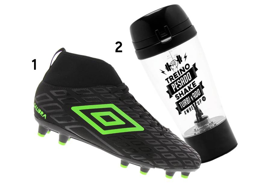 <span style="font-size:11pt;font-family:'Calibri', 'sans-serif';">1. Chuteira de Campo Calibra, Umbro, R$279,90 <a href="https://www.imcgrupo.com/link.php?code=bDpodHRwJTNBJTJGJTJGd3d3LnVtYnJvLmNvbS5icjo1MzkzNzYzNzk6Z2lzbGVuZXZwQGdtYWlsLmNvbTo1M2ViODI0NzIzMzY3MTExZTFiMGU1YWRmZjYxZWY2ODA0" target="_blank" rel="noopener">www.umbro.com.br</a>; 2. Coqueteleira Mixer, Ludi, R$ 84,90</span><span style="font-size:11pt;font-family:'Calibri', 'sans-serif';"> </span>