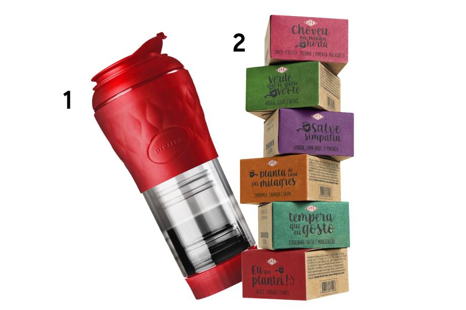 1. Cafeteira Portátil, Multicoisas, R$149,90<a href="https://www.multicoisas.com.br" target="_blank" rel="noopener">www.multicoisas.com.br</a>; 2. Kit de Sementes, Isla, R$10,20 cada <a href="https://www.isla.com.br/" target="_blank" rel="noopener">www.isla.com.br</a>