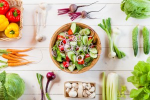 healthy vegan lunch bowl, top view vegetables salad