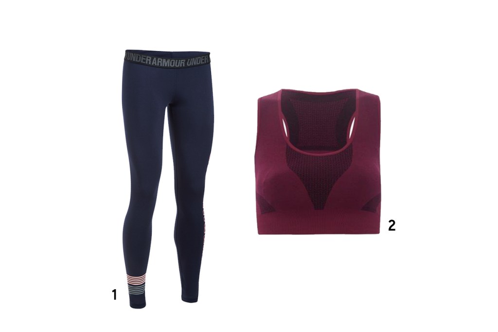 1. Legging, <a href="https://www.underarmour.com.br/pt-br/" target="_blank" rel="noopener">Under Armour</a>, de R$ 180 por R$ 126; 2.&nbsp;Top, <a href="https://loja.bluebeach.com.br/" target="_blank" rel="noopener">Bluebeach</a>, de R$ 80 por R$ 56 (pre&ccedil;os pesquisados em novembro de 2017)&nbsp;
