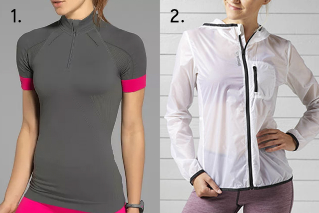1. <span style="font-weight:400;">Camiseta para ciclismo, <a href="http://www.lupo.com.br/camiseta-lupo-af-cycle-women-71628-001/p" target="_blank" rel="noopener">Lupo</a>, de R$ 211 por R$ 148; 2. </span><span style="font-weight:400;">Jaqueta corta-vento, <a href="http://www.reebok.com.br/jaqueta%20quebra%20vento%20running%20essentials/BK6462.html" target="_blank" rel="noopener">Reebok</a>, de R$ 299 por R$ 160 (preços pesquisados em janeiro de 2018).</span>