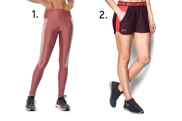 1. <span style="font-weight:400;">Legging, <a href="https://www.wefitstore.com.br/legging-most-rose/p" target="_blank" rel="noopener">We Fit</a>, de R$ 269 por R$ 90; 2. </span><span style="font-weight:400;">Short, <a href="https://www.underarmour.com.br/pt-br/short-ua-play-up-2.0---feminino/1292231.html" target="_blank" rel="noopener">Under Armour</a>, de R$ 100 por R$ 50 (preços pesquisados em janeiro de 2018).</span>