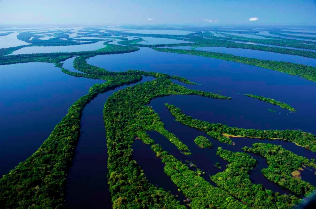 Vista aérea da Estação Ecológica de Anavilhanas, no rio Negro acima de Manaus, Amazonas, Brasil