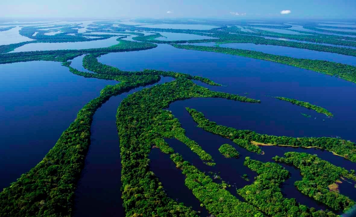 Vista aérea da Estação Ecológica de Anavilhanas, no rio Negro acima de Manaus, Amazonas, Brasil