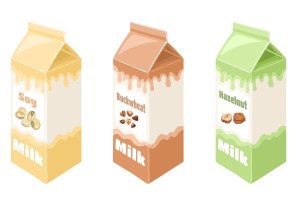 Vegan milk in carton box isolated on white background set. Vector illustration of plant-based drink in cartoon flat style. Organic Dairy Free cashew, hazelnut, soy and buckwheat milk.
