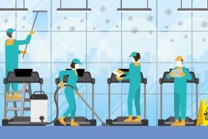 Cleaning crew team in fitness center. Clean and check inspector professional service for protect the pandemic of COVID-19 coronavirus and the dirty. Re-opening business after quarantine.
