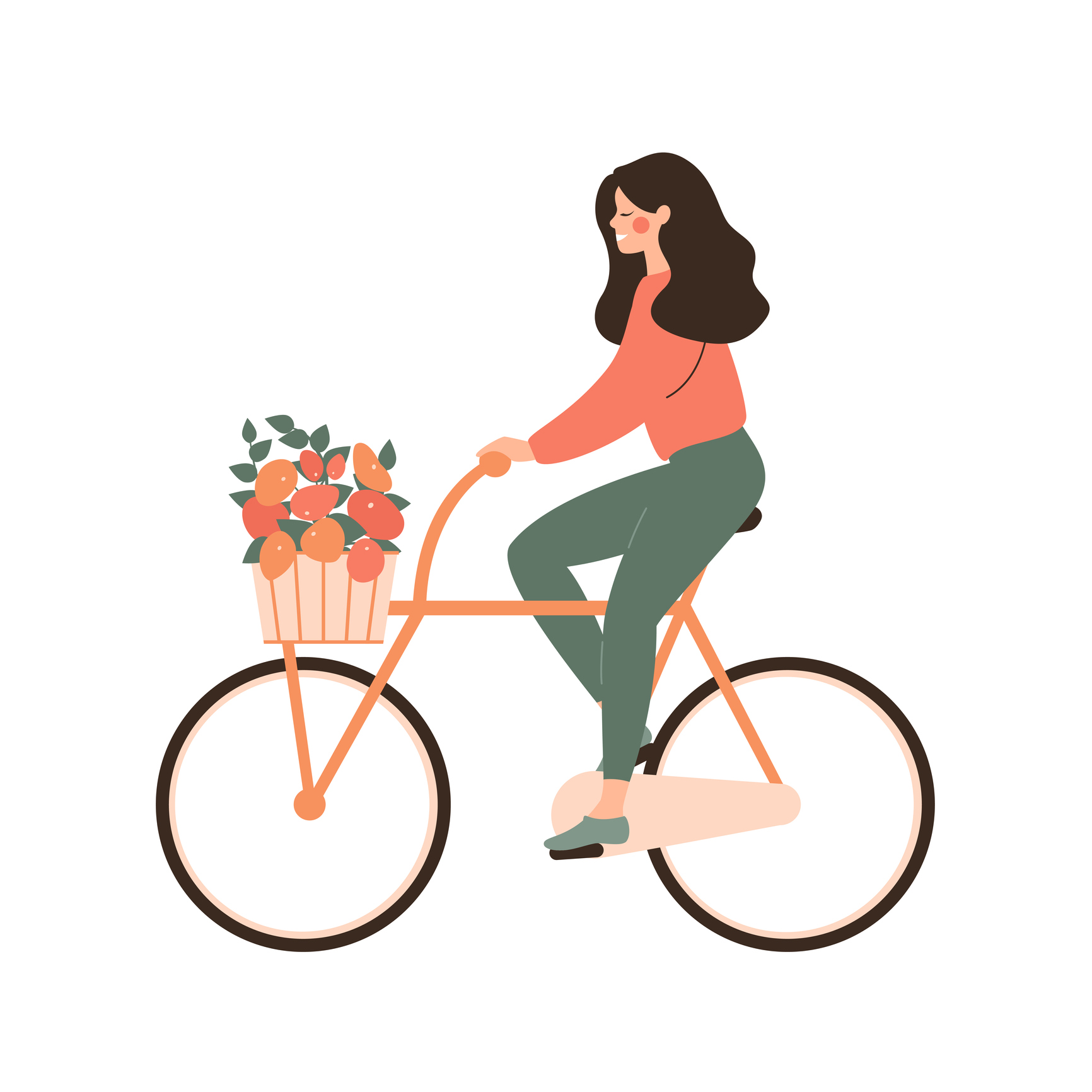 Cartoon Young Woman rides bicycle with bouquet in basket. Concept of love cycling -