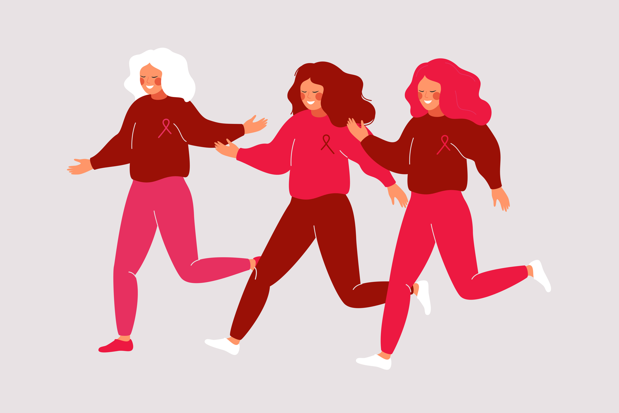 Cartoon young women running in a pink dress with ribbons. -