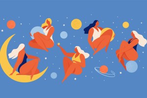 Set of people flying in space vector flat illustration. Collection of wom n holding planet with dream universe. Concept in flat graphic. Vector Illustration.