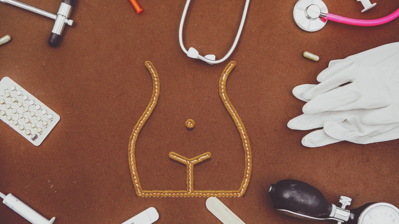 ilustração silhueta feminina com diversos objetos ligados a saúde intima e menstruação ao seu redor