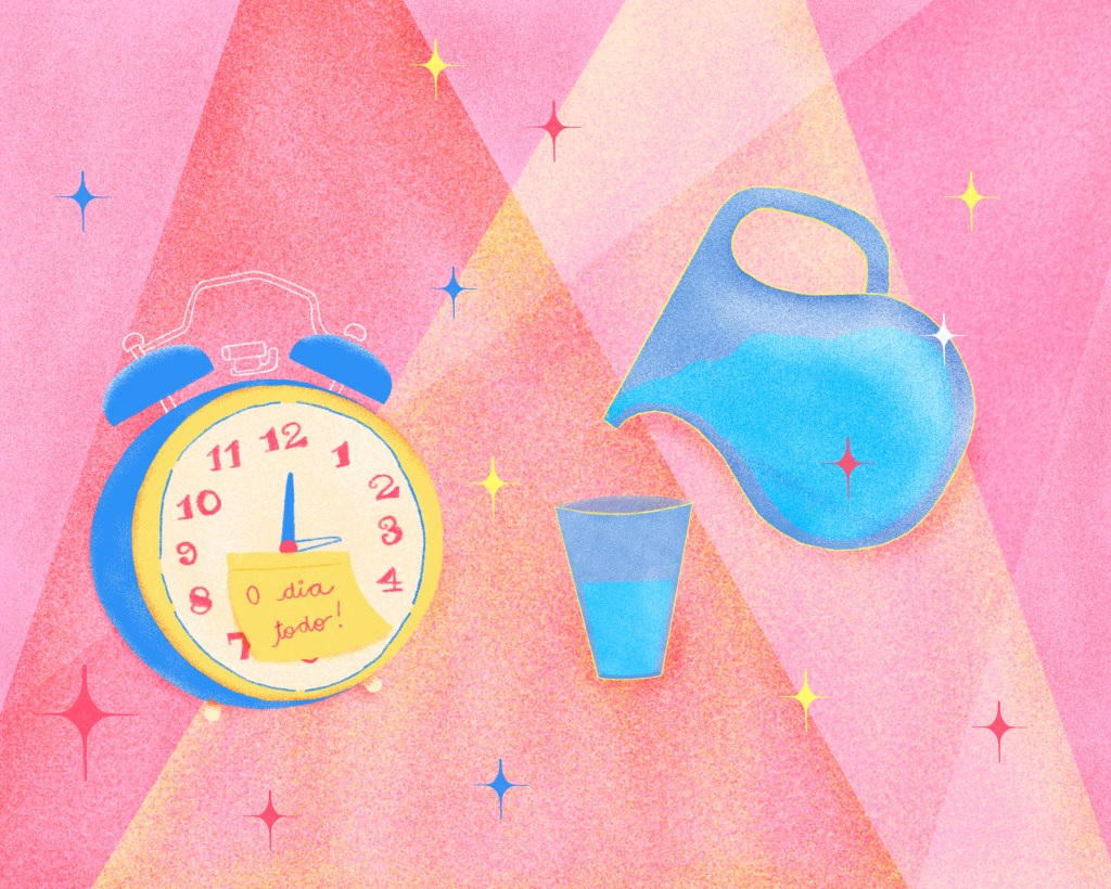 ilustração com um relógio e uma jarra de água do lado