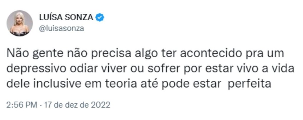 Tweet de Luísa Sonza falando sobre depressão
