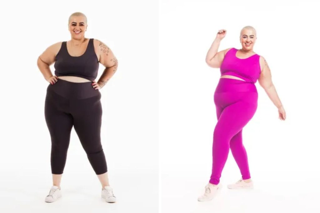 Modelos com conjuntos fitness nas cores preto e rosa