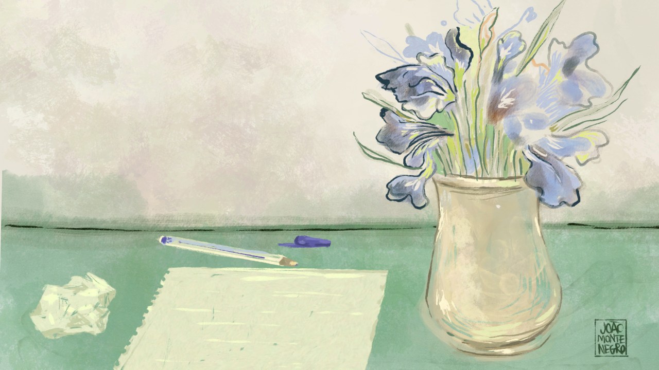 ilustração de uma folha de papel com uma caneta e um vaso ao lado