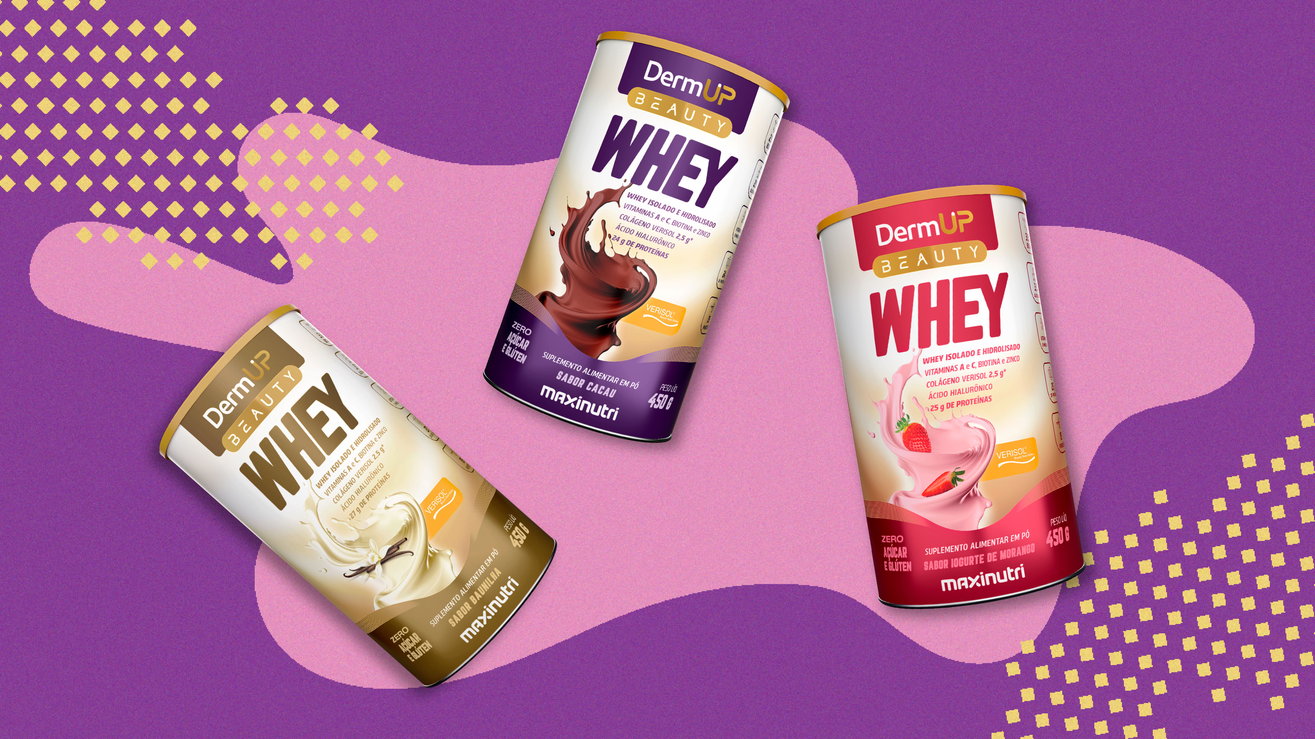 Três potes de suplemento DermUp Beauty Whey da Maxinutri, sabores baunilha, cacau e iogurte de morango, sobre fundo roxo com formas orgânicas rosa e pontos amarelos