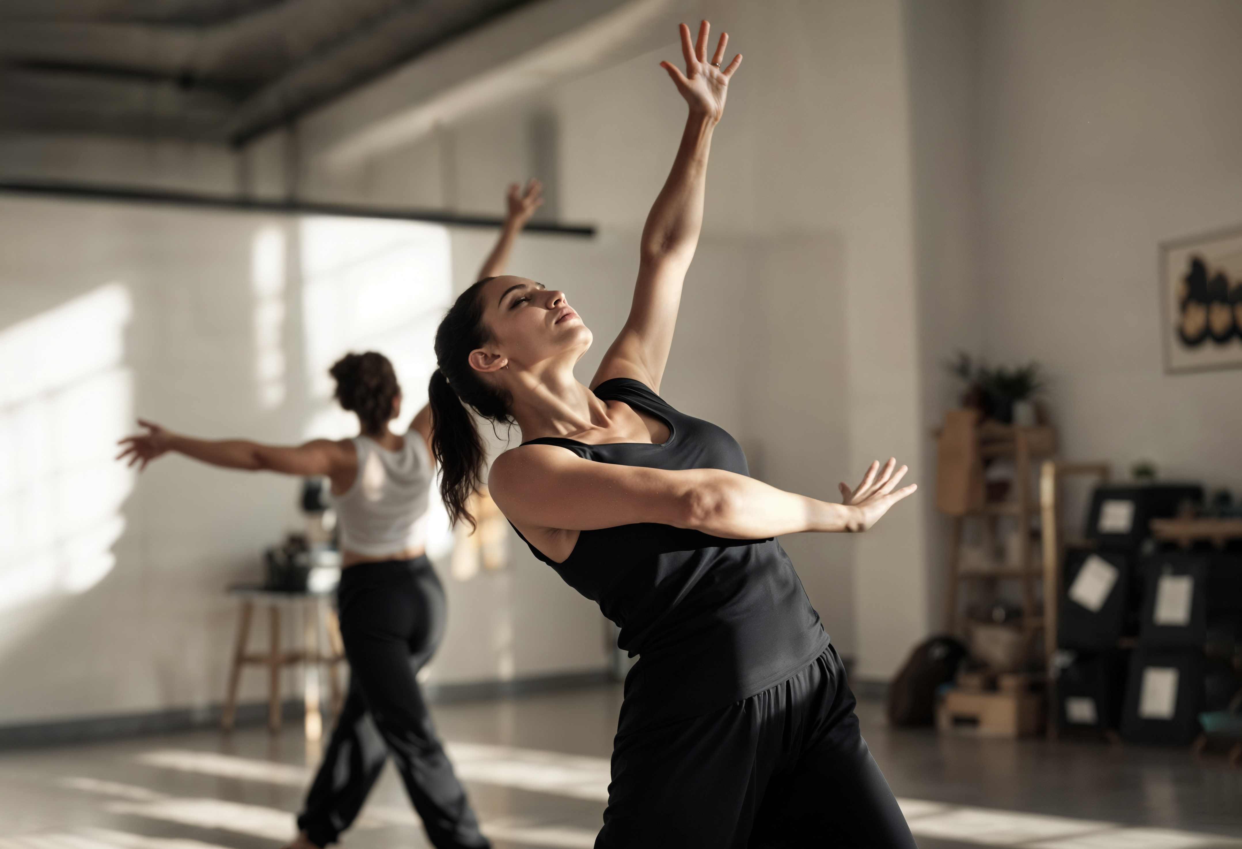 Duas mulheres dançam em um estúdio iluminado pelo sol. A da frente, de blusa e calça pretas, tem os braços estendidos e a cabeça erguida. A outra, ao fundo, de blusa branca e calça preta, repete o movimento