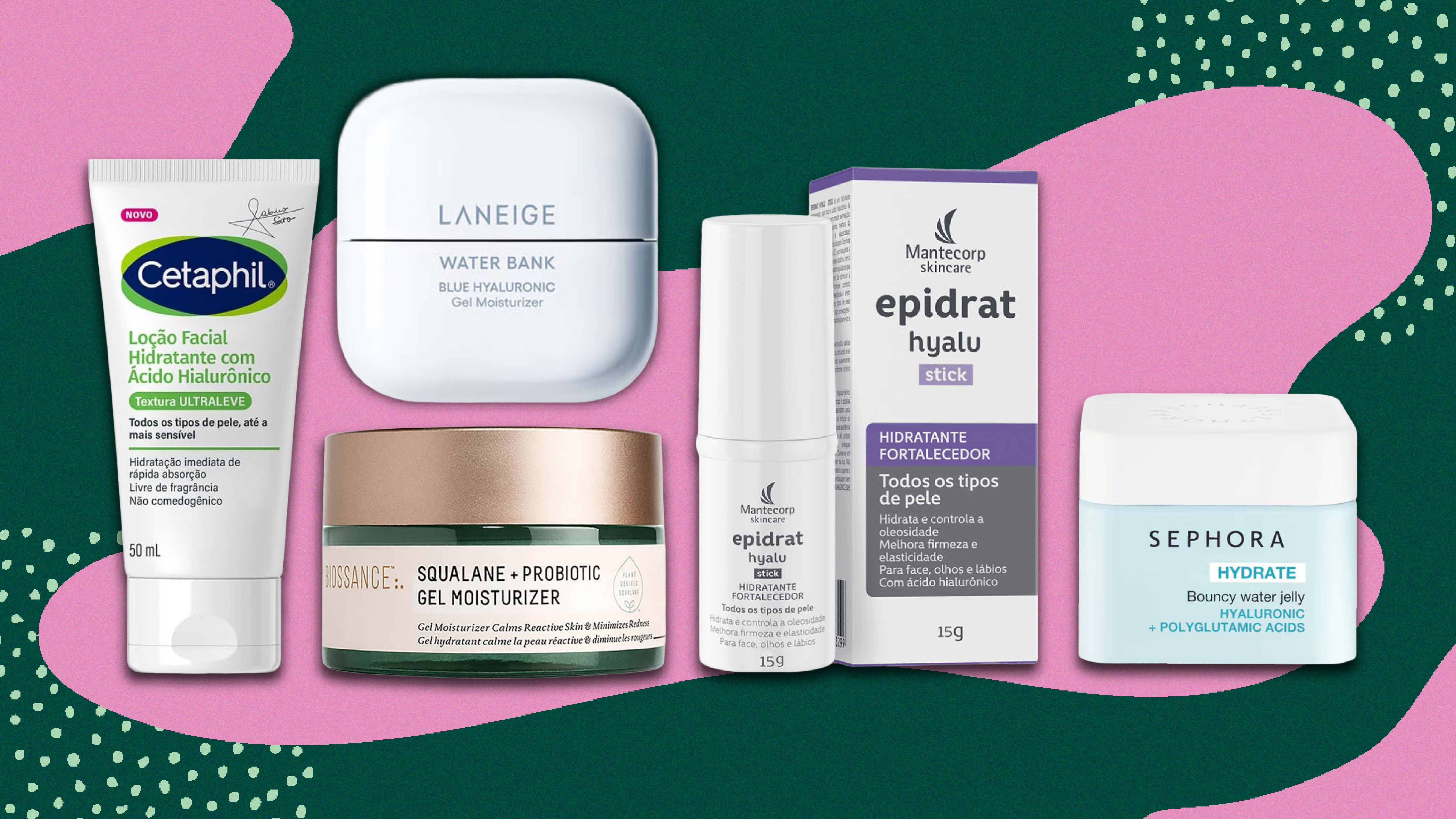 Seis produtos de skincare em embalagens variadas, incluindo loções, géis e um bastão, sobre um fundo verde escuro com formas abstratas em rosa e pontos brancos