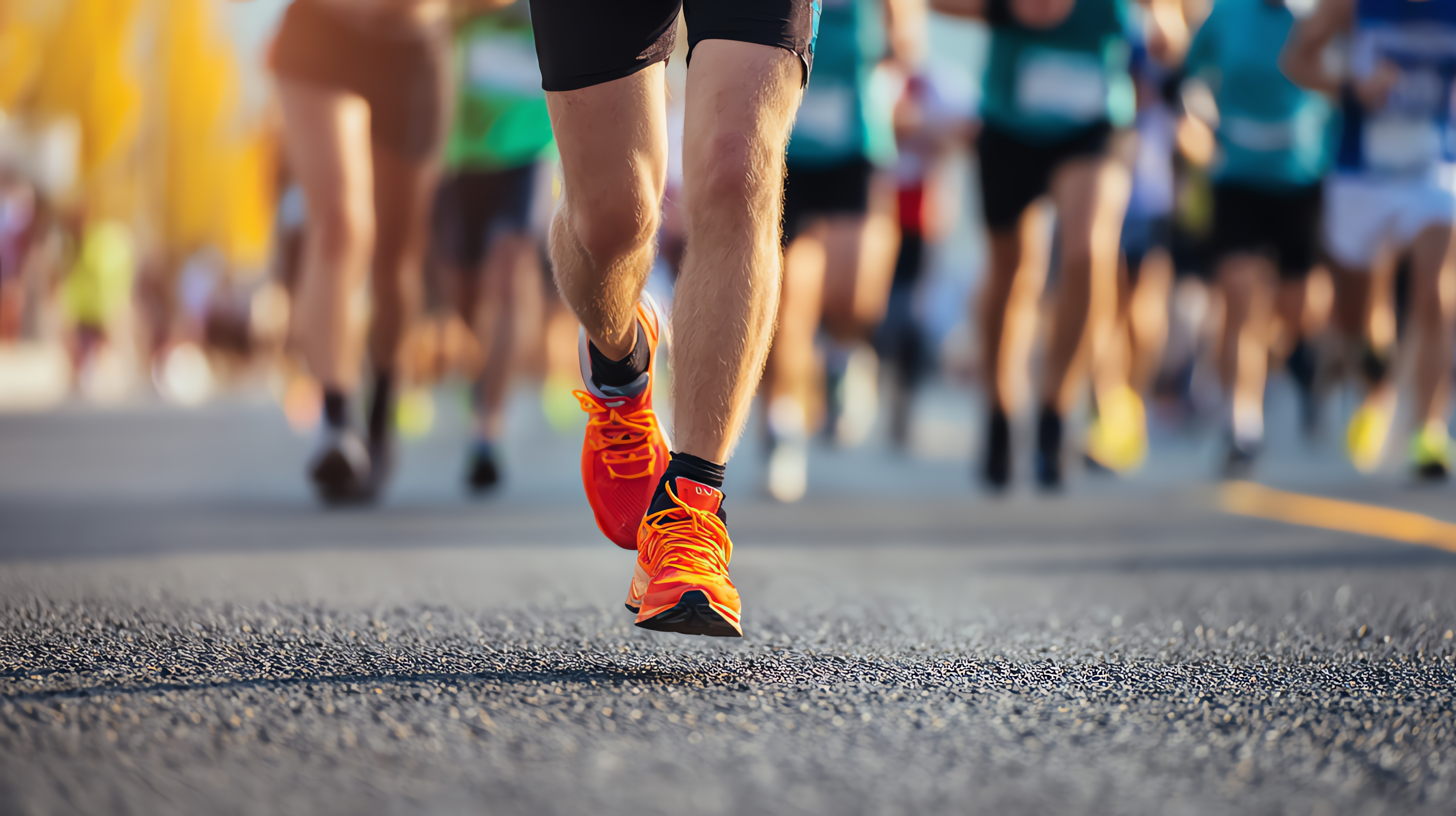 Pernas de corredores em uma maratona, com foco em um atleta de shorts pretos e tênis laranja vibrante, em movimento sobre o asfalto. Outros corredores desfocados ao fundo, criando sensação de velocidade e multidão