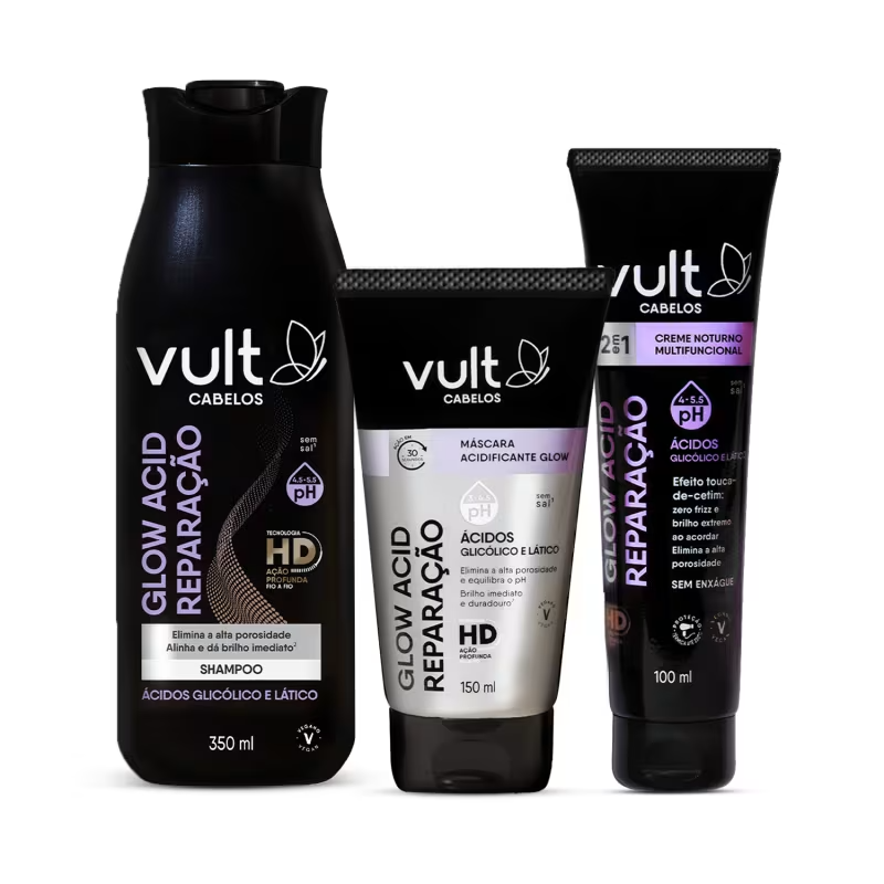 Kit Vult Cabelos Glow Acid Reparação com shampoo de 350ml, máscara acidificante de 150ml e creme noturno multifuncional de 100ml, todos em embalagens pretas com detalhes roxos e brancos, indicando pH 4.5-5.5 e tecnologia HD