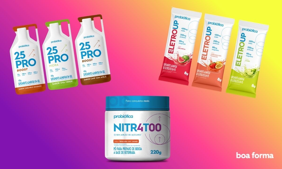 Produtos Probiótica: três sachês de gel 25 Pro (caramelo salgado, uva verde, café com avelã), três sachês de eletrólitos Eletroup (melancia, morango com maracujá, limão) e um pote de Nitr4too sabor beterraba com laranja, sobre um fundo degradê rosa e amarelo. Logotipo boa forma no canto inferior direito