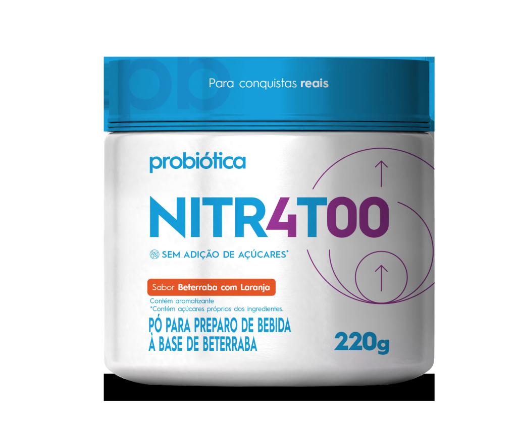 Pote branco de suplemento Probiótica NITR4TOO, sabor Beterraba com Laranja, sem adição de açúcares, 220g. Tampa azul com texto Para conquistas reais