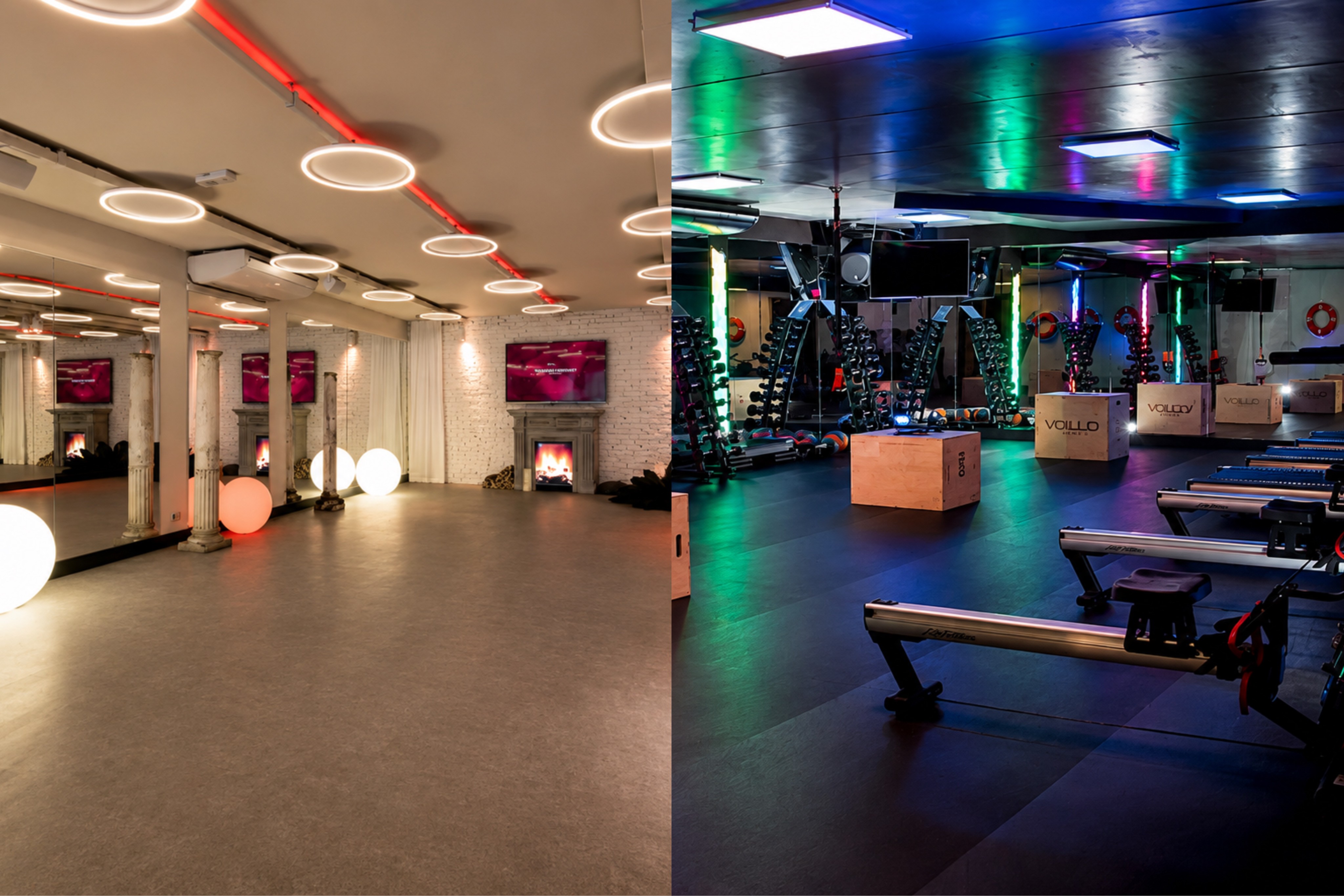 Dois ambientes de academia lado a lado: &agrave; esquerda, uma sala clara com espelhos, colunas, lareiras decorativas, TVs e esferas luminosas; &agrave; direita, uma sala escura com ilumina&ccedil;&atilde;o colorida, espelhos, halteres, caixas de salto e remadores