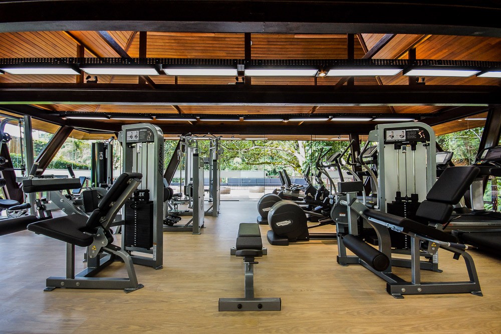 Academia moderna com piso de madeira clara, teto de madeira escura e vigas metálicas. Diversos equipamentos de musculação e cardio, como esteiras e elípticos, estão dispostos. Grandes janelas de vidro revelam uma paisagem verde exuberante ao fundo