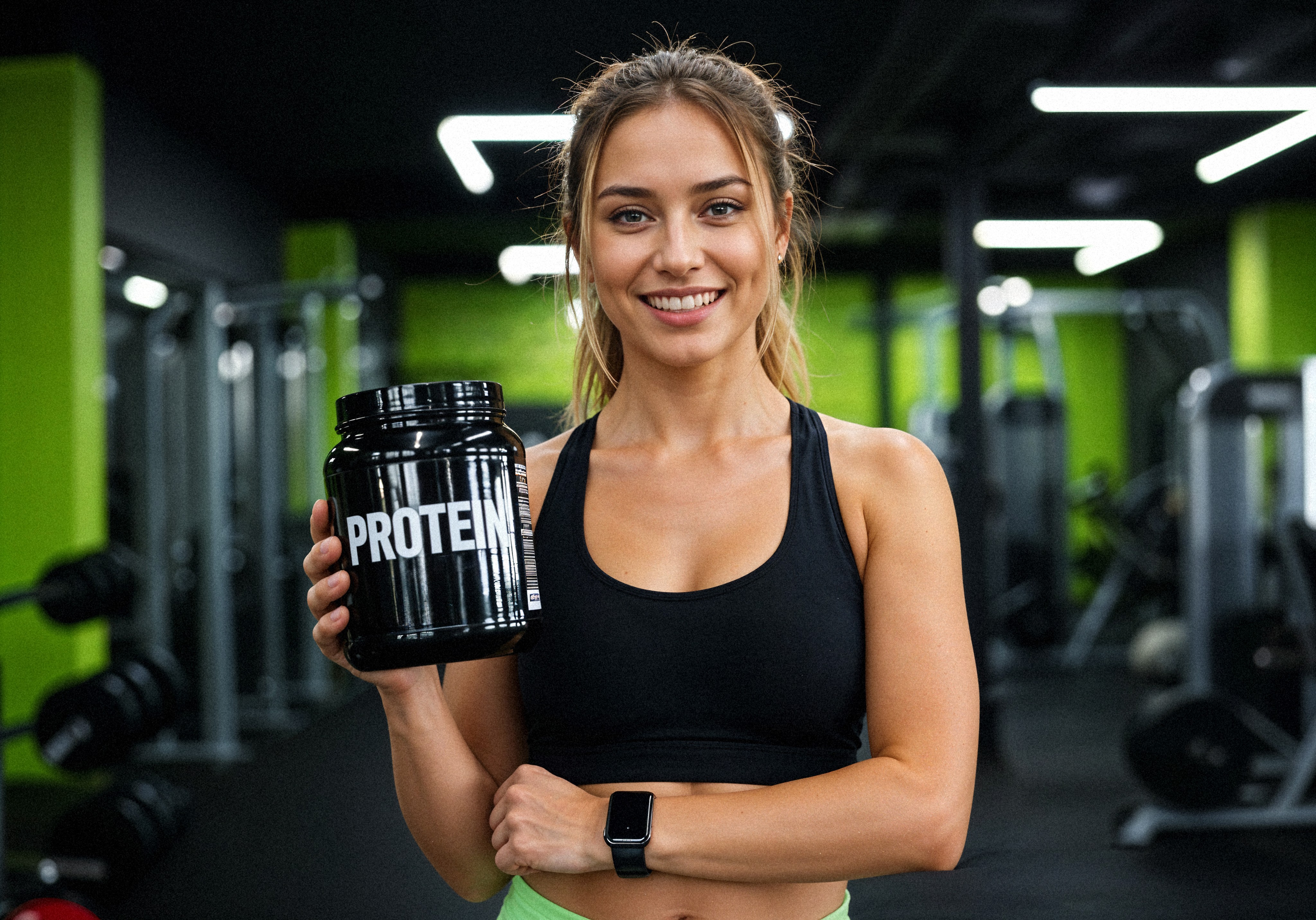 Mulher sorridente, de cabelo loiro preso, usando top preto e calça verde-limão, segurando um pote preto de PROTEIN em uma academia